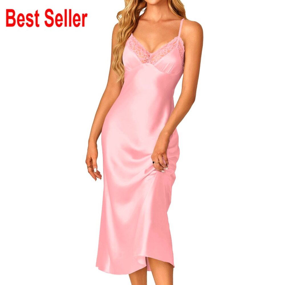 Satin V Neck Lace Trim Chemise Adjustable Straps Elegant Sleepwear Nightgown